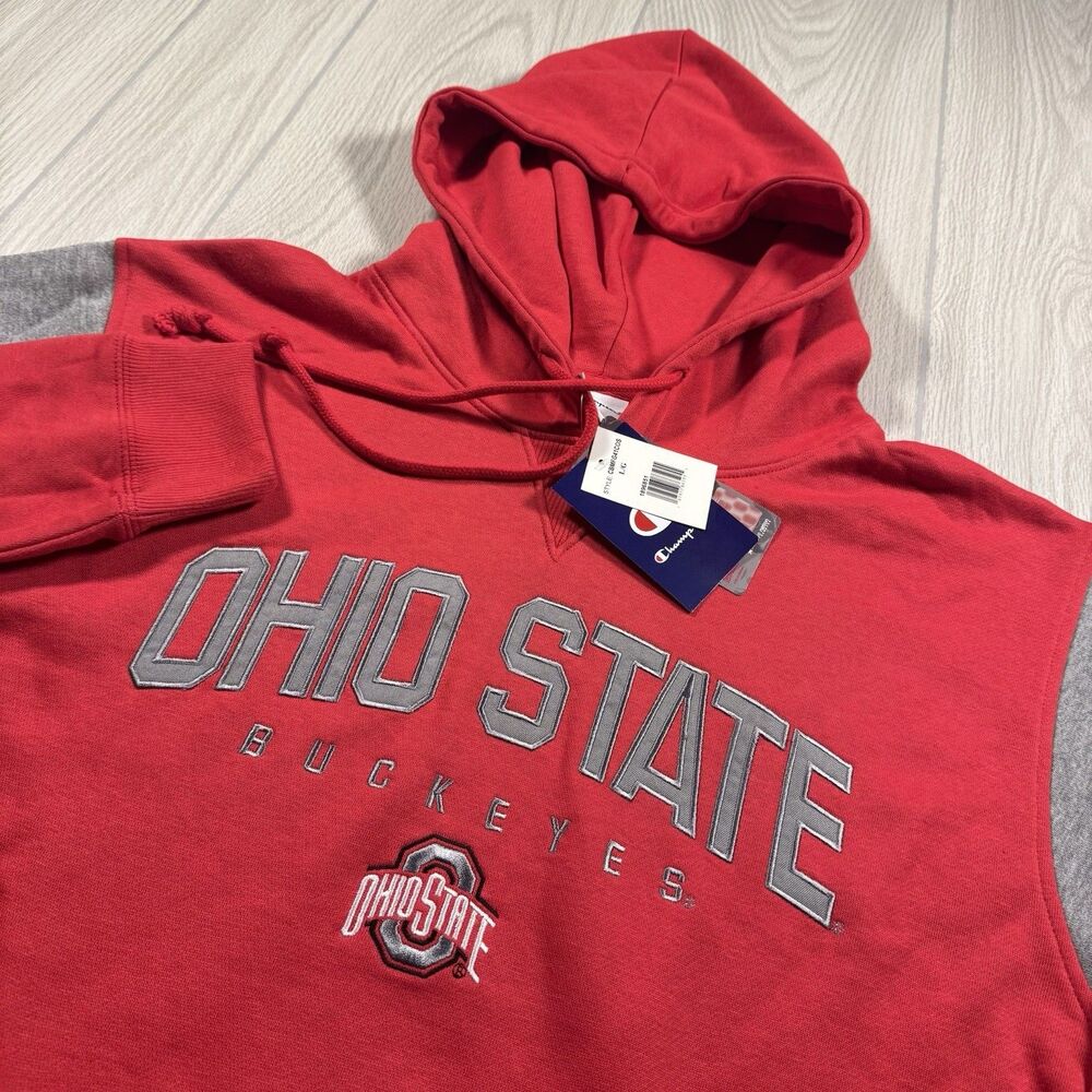 Ohio State Buckeyes Fleece Hoodie Mens L Scarlet Spellout Logo Champion NEW